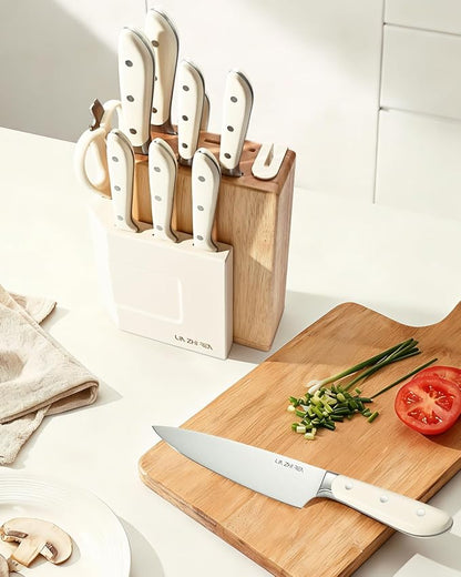 14-Piece Kitchen Knife Set with Detachable Block, High Carbon Stainless Steel Dishwasher Safe Knives, Includes Chef, Santoku, Bread, Steak Knives for Home Kitchen,White