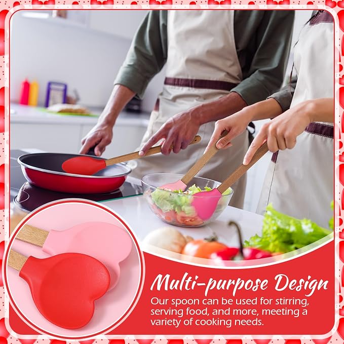 Chengu 3 Pcs Heart Shaped Silicone Spoon with Wooden Handle Valentine Day Kitchen Utensil Gift Set Red Pink Hot Heart Spatula Non-stick Cooking Tools for Mixing Stirring and Baking