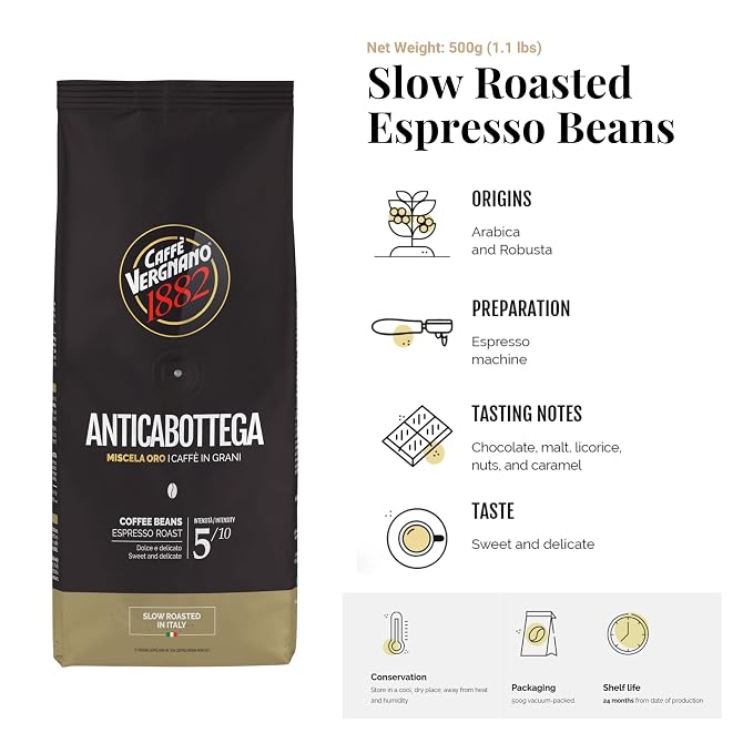 Caffe Vergnano Antica Bottega Whole Bean Coffee 1.1 lb Bag - Medium Roast Arabica Espresso Beans, Italian Coffee Chocolate Caramel Nut Notes - For Coffee Maker, French Press Espresso Maker, Moka Pot