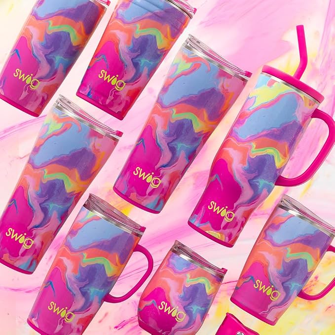 Swig Life 22oz Travel Mug, Insulated Tumbler with Handle and Lid, Travel Coffee Mug, Cup Holder Friendly, Stainless Steel 22 oz Tumbler, Reusable Insulated with Lid (Candy Crush)
