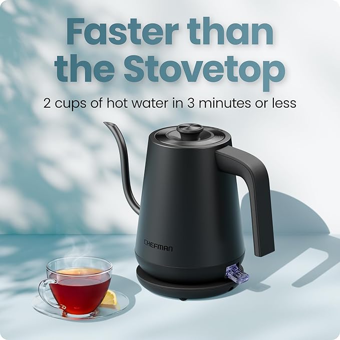 Chefman Gooseneck Electric Kettle, 0.8L Pour Over, Black | One-Touch Operation, Boil-Dry Protection, Auto Shut-Off, Ultra-Fast Hot Water Boiler, For Coffee and Tea