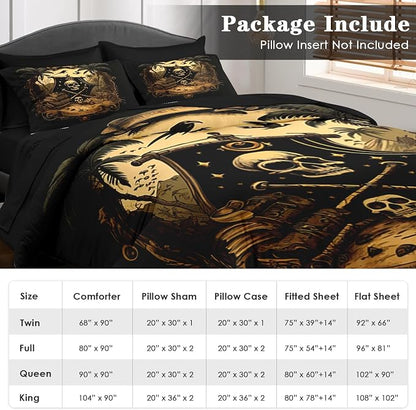 Pamnest Comforter Set Twin Size, Pirate Skeleton 5 Pcs Bedding for Kids and Adults, Halloween Vintage Gothic Bed Sheet Sets with Fitted Sheet Pillowcase & Sham for Bedroom Bed Decor