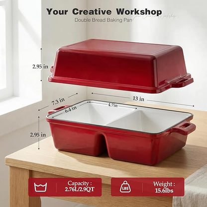 Double Dutch Oven for Sourdough Bread Baking,Enameled Cast Iron Dutch Oven with Lid,Double-Chamber Square Mini Sourdough Loaf Pan for Homemade Bread, Red(Patent Has Been Applied for)