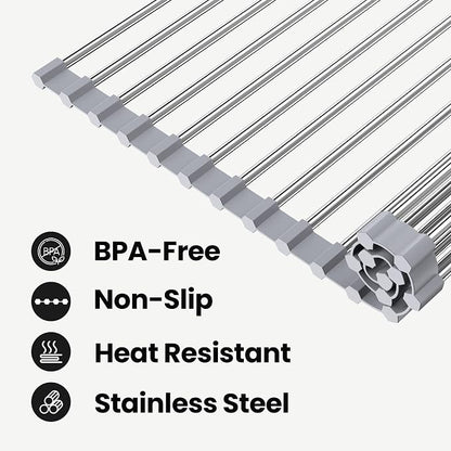 Roll Up Dish Drying Rack, 17.5" x 15.7", Sink Drying Rack for Kitchen, Gray