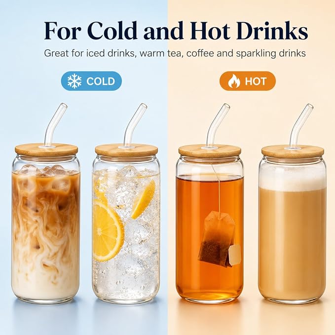 Glass Cups with Lids and Straws Set of 4, 16 oz Can Glasses with Bamboo Lids and Glass Straws, Iced Coffee Cups for First Apartments, Couples, Coffee Bar and Daily Drinks