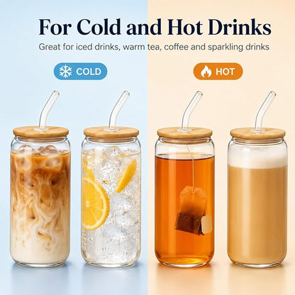 Glass Cups with Lids and Straws Set of 4, 16 oz Can Glasses with Bamboo Lids and Glass Straws, Iced Coffee Cups for First Apartments, Couples, Coffee Bar and Daily Drinks