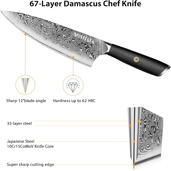 MOSFiATA Damascus Chef Knife 8", Professional Sharp Kitchen Knife 67 Layers Damascus Stainless Steel VG10 Core, Chef's Knives Chopping Cooking Knife Set with Ergonomic G10 Handle Sharpener Gift Box