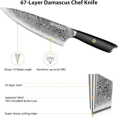 MOSFiATA Damascus Chef Knife 8", Professional Sharp Kitchen Knife 67 Layers Damascus Stainless Steel VG10 Core, Chef's Knives Chopping Cooking Knife Set with Ergonomic G10 Handle Sharpener Gift Box
