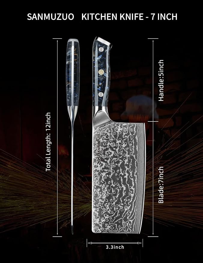 Chinese Chef Knife - 7" Cleaver Knife- Xuan Series - VG10 Damascus Steel Kitchen Knife - Resin Handle (Starry Black)