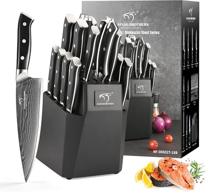 NANFANG BROTHERS 18-Piece Damascus Kitchen Knife Sets, 67-layer Japanese Damascus Steel Heat-Treated and Forged, ABS Ergonomic Handle, Ultra Sharp Chef Knife Block Set with Sharpener
