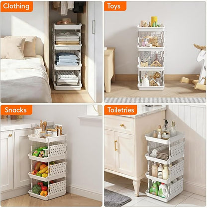 Lifewit Plastic Stackable Storage Baskets, 4 Tier Stacking Bins for Food and Clothes, Multifunctional Organizer for RV, Kitchen, Playroom, Pantry and Bathroom, 13.8"D x 11.8"W x 28.3"H, 1 Pack, White