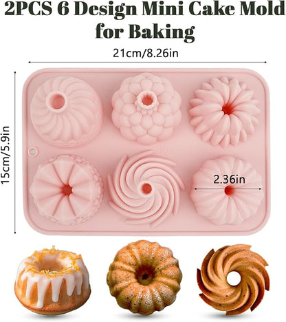 2Pcs Mini Cake Pans for Baking, 6-Cavity Fluted Tube Cake Pan Non-Stick, Silicone Molds for Baking, Cake Pan for Cupcakes, Donuts, Cornbread, Brownies, Jellies