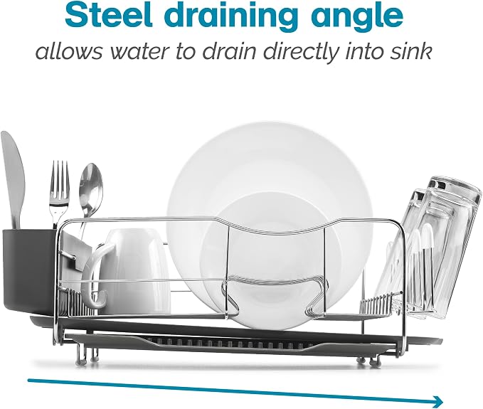 Polder KTH-615 Dish Rack, 4 PC Combo– Advantage System Includes Rack, Drain Tray, Removable Drying Tray & Cutlery Holder – Stainless Steel & Plastic