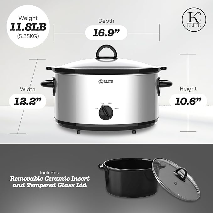 Kitchen Elite 7 Quart Slow Cooker for Large Families, Stainless Steel Crock Pot with 3 Heat Settings, Dishwasher-Safe Ceramic Pot & Tempered Glass Lid