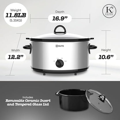 Kitchen Elite 7 Quart Slow Cooker for Large Families, Stainless Steel Crock Pot with 3 Heat Settings, Dishwasher-Safe Ceramic Pot & Tempered Glass Lid