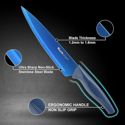 Wanbasion Blue Professional Kitchen Knife Chef Set, Stainless Steel, Dishwasher Safe with Sheathes