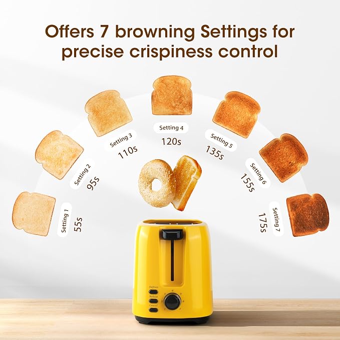 Yellow 2-Slice Toaster for Bread & Bagel, 7 Adjustable Browning Shades | 1.3in Extra Wide Slots, 750W Even Double-Side Toasting, Defrost Reheat Cancel Modes, Removable Crumb Tray & Cord Storage