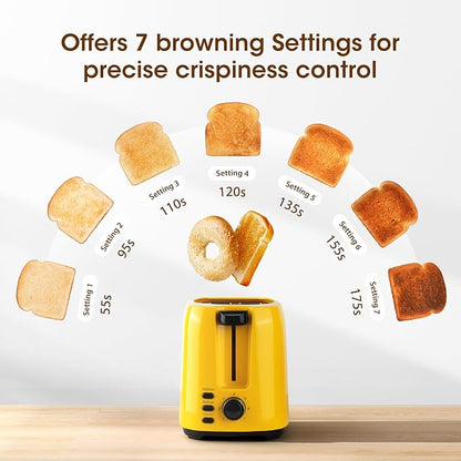 Yellow 2-Slice Toaster for Bread & Bagel, 7 Adjustable Browning Shades | 1.3in Extra Wide Slots, 750W Even Double-Side Toasting, Defrost Reheat Cancel Modes, Removable Crumb Tray & Cord Storage