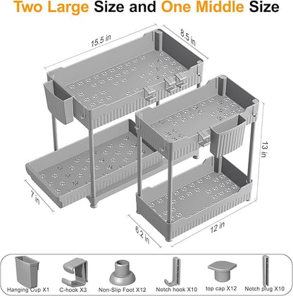 Sevenblue 3 Pack Under Sink Organizers,2-Tier Multi-Use Kitchen and Bathroom Organizers and Storage with Sliding Drawers,Bathroom Cabinet Organizer (Gray, 12.8 Inch)