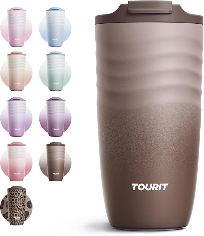 TOURIT 16 oz Travel Coffee Mug, Vacuum Insulated Stainless Steel Tumbler with Ripple-Wave Anti-Slip Grip, Built-in Silicone Bottom for Quiet & Stable, Leak-Proof Lid, Fits Car Cup Holder, Dark brown