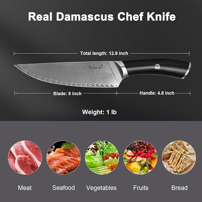 KUISINE Damascus Chef Knife, 8 Inch High Carbon Stainless Steel Ultra Sharp Kitchen Knife with Non-slip Ergonomic Handle, Gift Box for Holiday
