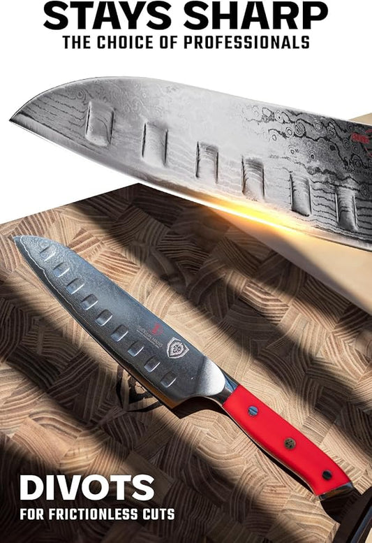 Dalstrong Santoku Knife - 7 inch - Shogun Series - Damascus - Japanese AUS-10V Super Steel Kitchen Knife - Vacuum Treated - Crimson Red ABS Handle - Razor Sharp Vegetable Knife - w/Sheath