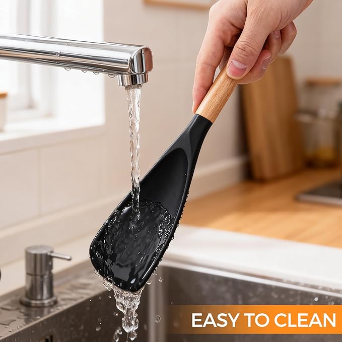 Silicone Cooking Spoon for Nonstick Cookware, 2-Pack Wooden Handle Spatula Spoon for Mixing, Scooping, Scraping and Serving, Safe for Pots Pans Skillets