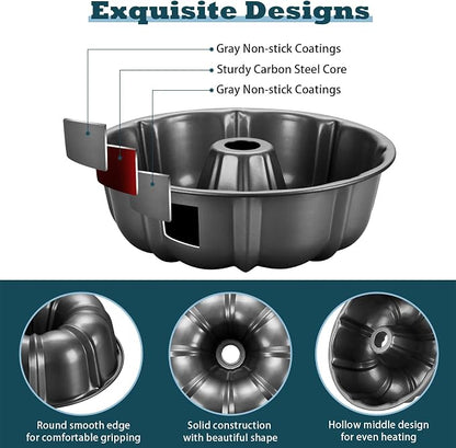 P&P CHEF 10 Inch Gray Non-stick Cake Pan, Carbon Steel Fluted Tube Round Baking Pan for Pound Cake, 10-Cup Large Capacity Bakeware, Healthy & Heavy Duty, 2 Pieces