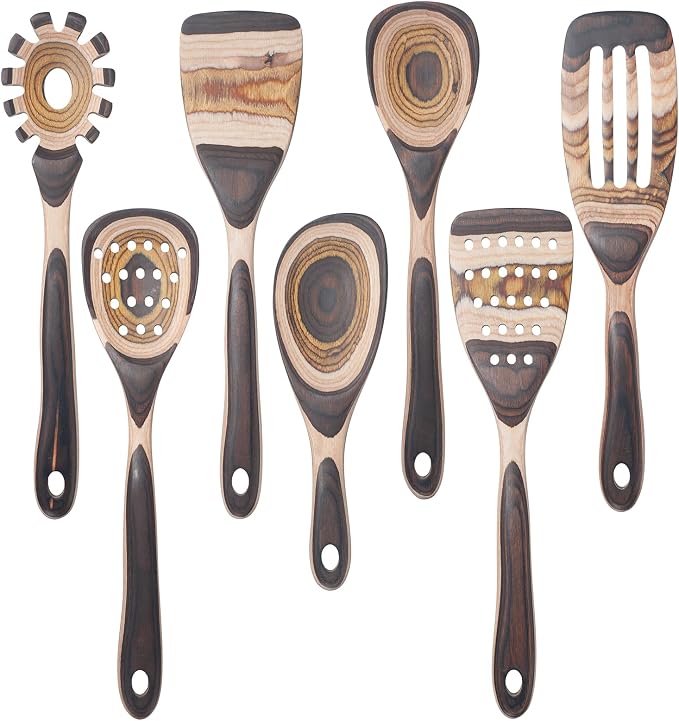 7 Pcs Wood Cooking Utensils Set, Wooden Kitchen Utensil Set for Cooking, Wooden Cooking Spoons & Spatulas with Spoon Rest, Safe for Non-Stick Cookware, Brown