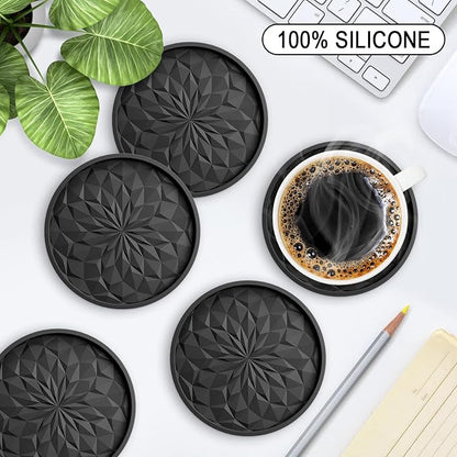 ME.FAN Silicone Coasters with Holder,[6 Pack] Drinking Coasters - Cup Mat for Hot or Cold Drinks, Thickened, Non-Slip, Non-Stick,Deep Tray Black