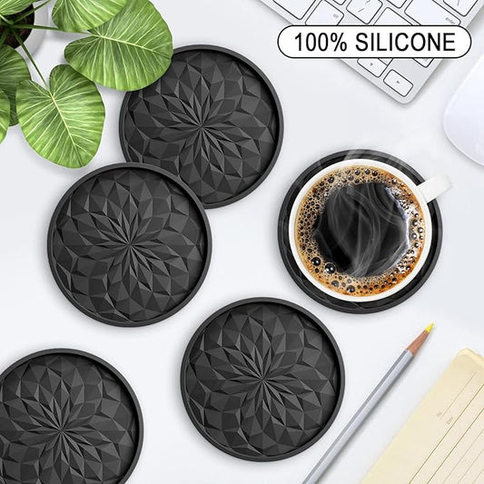 ME.FAN Silicone Coasters with Holder,[6 Pack] Drinking Coasters - Cup Mat for Hot or Cold Drinks, Thickened, Non-Slip, Non-Stick,Deep Tray Black
