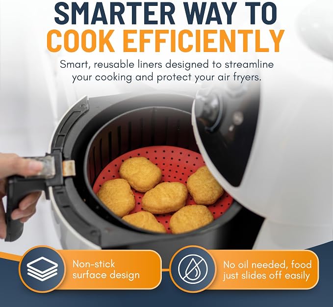 Reusable Round Silicone Air Fryer Liners (9 Inch, 3 Pack) by Linda’s Essentials - Non-Stick, Easy-Clean Accessories with Cheat Sheet & Recipe Book, Perfect for Quick Meals