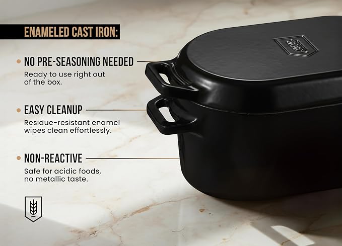 Kook Dutch Oven, For Sourdough Baking, Dual Handles, Enameled Cast Iron, includes Silicone Mat and Sourdough Guide, Dishwasher Safe, Oven safe 500F, 5 Qt, (Black)