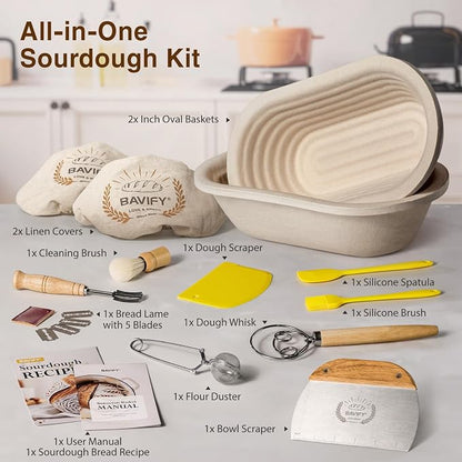 Wood Pulp Banneton Bread Proofing Baskets Set of 2, 11 Inch Oval 750G Sourdough Proofing Basket Kit with Linen Covers, Dough Whisk, Scraper, Bread Lame & Flour Duster, Non-Stick Bread Bowl