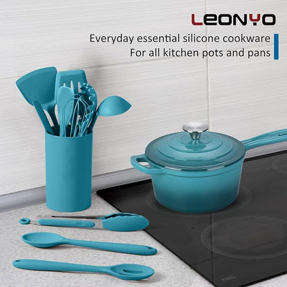 1 Quart Cast Iron Saucepan, Leonyo Enameled Sauce Pan with Lid, Enamel Cast Iron Dutch Oven Cooking Stock Pots and Pan Set Kitchen Cookware Appliances for All Cooktops - Up to 500°F, Lake Green