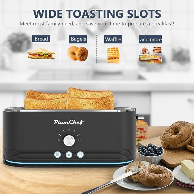 Plum chef 4-Slice Toaster, Extra Wide Long SIot Toaster, 7 Browning Settings,Defrost/Reheat Functions, Removable CrumbTray, Stainless Steel Housing,Anti-Fingerprint & Anti-Jam (Black)