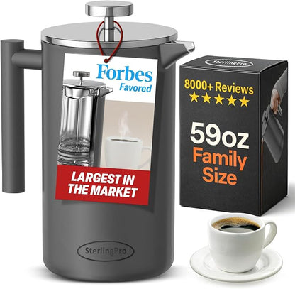 SterlingPro Extra Large Insulated Stainless Steel French Press Coffee Maker 59oz – Insulated Metal XL Double Wall Coffee Maker | Plastic Free | Cool-Touch | Grey Finish | Makes up to 16 cups / 8 mugs
