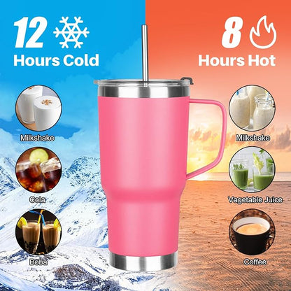 20 oz Tumbler with Handle, Stainless Steel Insulated Tumbler with Lid and Straw, Double Wall Vacuum Coffee Mug Tumbler, Insulated Coffee Thermal Cup for Cold and Hot (Rose Red, 20 Ounces)