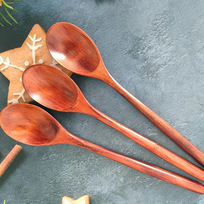 Long Handle Wooden Spoons for Eating, 9.2 Inch Wood Soup Spoons for Mixing Stirring, Handmade Retro Honey Jar Table Spoons Teaspoon Tea Coffee Spoon (3 Pack)
