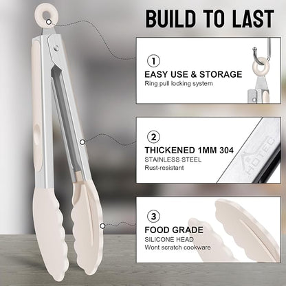Hotec Silicone Kitchen Tongs for Cooking, 9-Inch, Set of 3, Khaki | Serving Tongs with Silicone Tips, Heat Resistance 600°F, Non-Slip Grip, Durable Spring Locking Mechanism