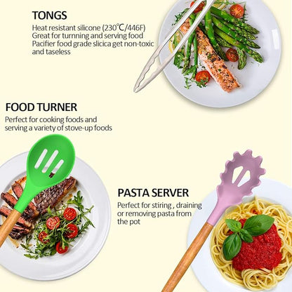 Umite Chef Kitchen Cooking Utensils Set, 33 pcs Non-stick Silicone Cooking Kitchen Utensils Spatula Set with Holder, Wooden Handle Silicone Kitchen Gadgets Utensil Set (Colorful)