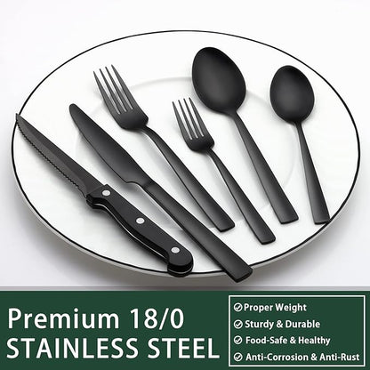 EWFEN 24-Piece Black Silverware Set with Steak Knives, Black Flatware Set for 4, Food-Grade Stainless Steel Tableware Cutlery Set, Mirror Finished Utensil Sets for Home Restaurant, Square Edge