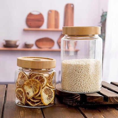 3 Pack 480 ml / 16 oz clear cute glass storage canister holder with airtight bamboo lid, modern decorative small container jar for coffee, spice, candy, salt, cookie, condiment, pepper, sugar