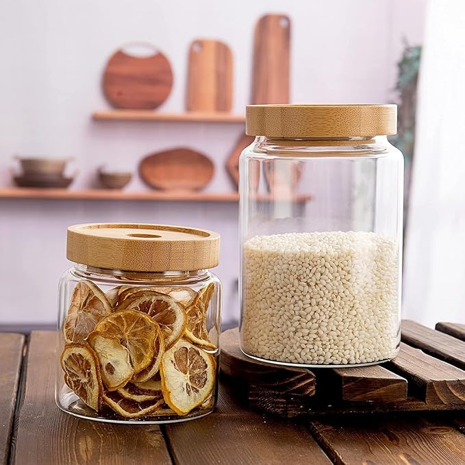 3 Pack 900 ml / 30 oz clear cute glass storage canister holder with airtight bamboo lid, modern decorative small container jar for coffee, spice, candy, salt, cookie, condiment, pepper, sugar
