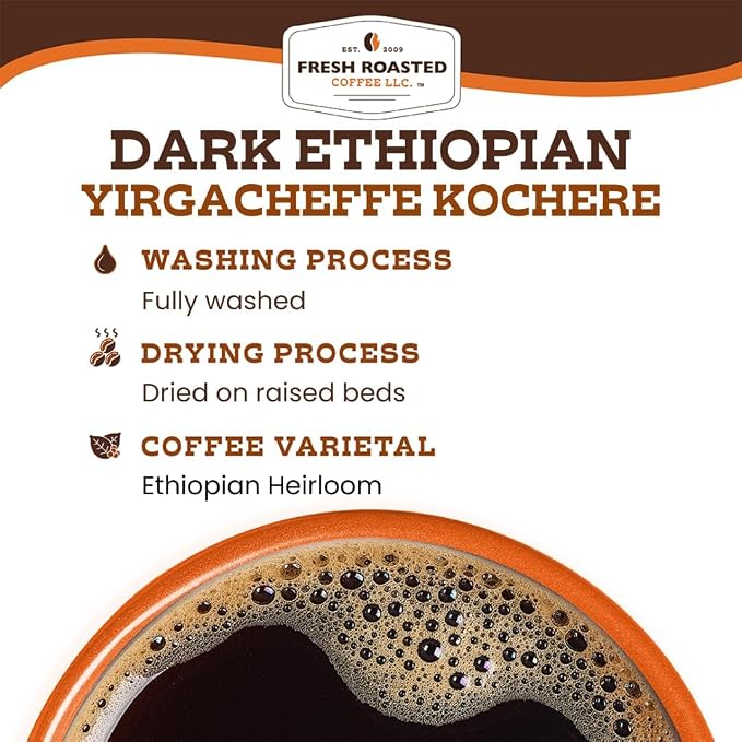 Fresh Roasted Coffee, Dark Ethiopian Yirgacheffe Kochere, 2 lb (32 oz), Dark Roast, Ground