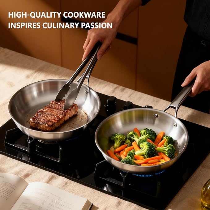 ROVSUN 8-10-12 Inch Stainless Steel Cookware Set, Tri-Ply Skillets Set with Lids, Full Clad Stainless Steel Chef's Pan, PFOA & PTFE Free Skillets, Compatible for All Cooktops, Dishwasher & Oven Safe