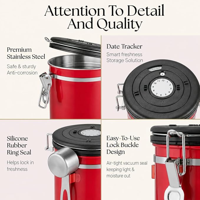 Mixpresso 16 Oz Red Coffee Canister, Stainless Steel Airtight Coffee Container, Air tight Jar Tea Storage with Date Tracker, Vacuum Sealed Espresso Airtight Canister, Sugar Container for Home