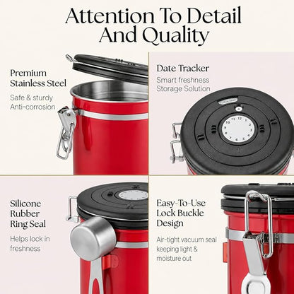Mixpresso 16 Oz Red Coffee Canister, Stainless Steel Airtight Coffee Container, Air tight Jar Tea Storage with Date Tracker, Vacuum Sealed Espresso Airtight Canister, Sugar Container for Home