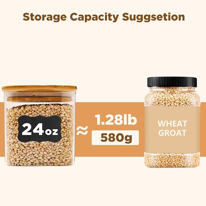 SHOWIN Glass Food Storage Jars Square 24oz, 4 Pack Glass Jars With Bamboo Lids, Kitchen Storage Containers For Spice, Candy, Cookie, Storage For Pantry Organizers