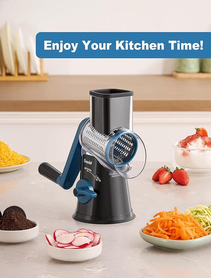Geedel Rotary Cheese Grater Cheese Shredder - Upgraded 5-in-1 Cheese Grater with Handle and Strong Suction Base, Multi-purpose Vegetable Slicer Ice Shaver Nuts Grinder for Cheese, Vegetables, Ice